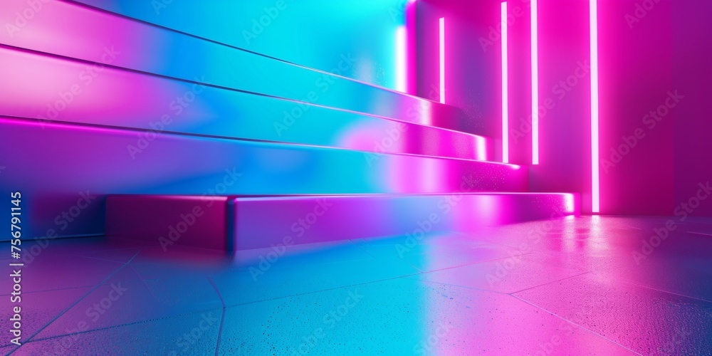 A neon colored room with a blue staircase - stock background. A neon colored room with a blue staircase - stock background.