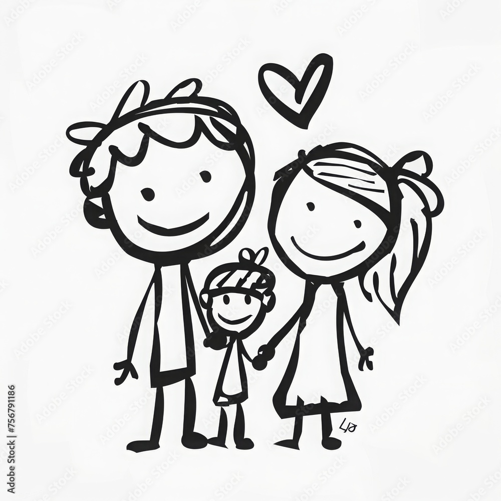 Sweet and Innocent Kids Drawing of Happy Family: Mom, Dad, and Child, Illustrating Love and Happiness on White Background Sweet and Innocent Kids Drawing of Happy Family: Mom, Dad, and Child, Illustrating Love and Happiness on White Background