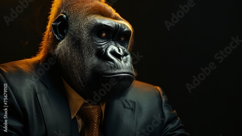 a gorilla wearing a suit and tie with a black background