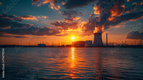Sun setting behind an industrial power plant with cooling towers emitting steam against a dramatic sky.