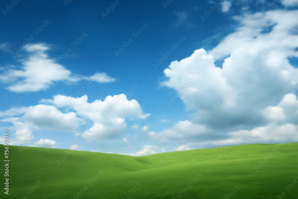 A beautiful summer landscape as a background, with green grass on the hills and green fields. The blue sky is filled with white clouds and bright sunlight, beautiful nature