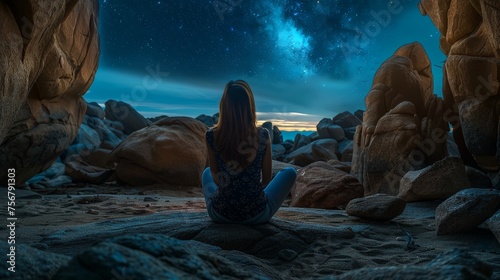a person sitting on a rock looking at a sky full of stars
