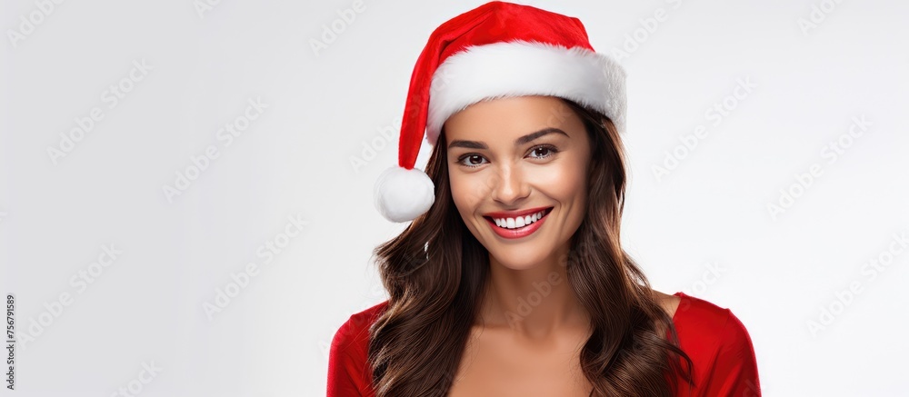 A woman is happily smiling while wearing an electric blue Santa hat, a fun and festive fashion accessory for the holiday event. Her gesture shows joy and excitement