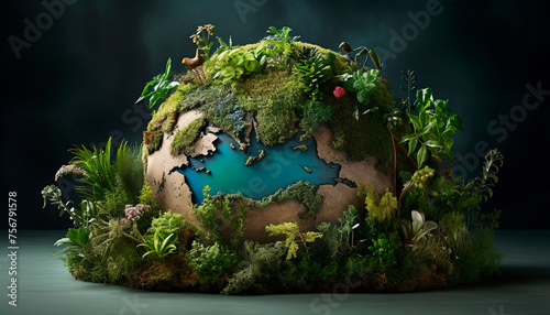 Earth globe illustration on with plants copy space banner ecological earth day hour safe trees mountains environmental problems on blue background