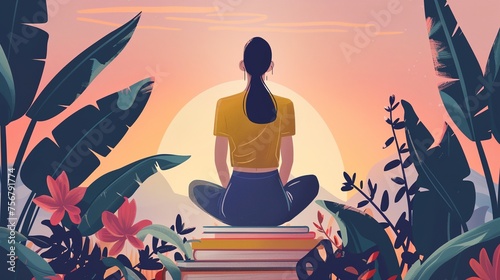 A woman is reading a book.. The scene is peaceful and relaxing, with the woman surrounded by nature and the books. The woman is enjoying her time reading