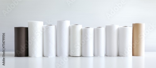 A row of paper towels  made of different materials such as metal  aluminium  nickel  plastic  and titanium  are lined up on a table in varying sizes and colors