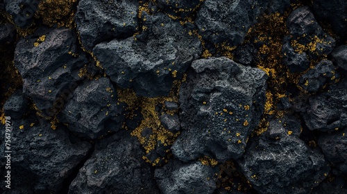 Dark rocks covered in deep green moss create a mysterious and enchanting atmosphere. Small golden details shine among the textures of the dark rocks.