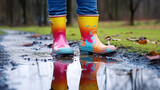 Feet of a child in vibrant rubber boots leaping over a puddle, showcasing happiness, fun, adventure, exploration, outdoor activity, and the simple joys of childhood