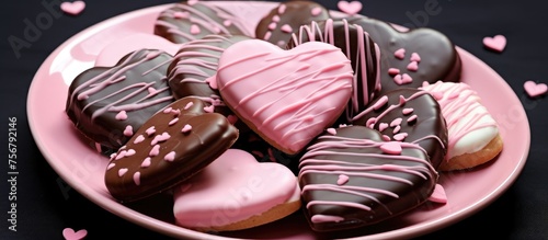 A magenta plate showcasing heartshaped chocolatecovered cookies, a delightful dessert made with love and baked goods for any sweet event photo