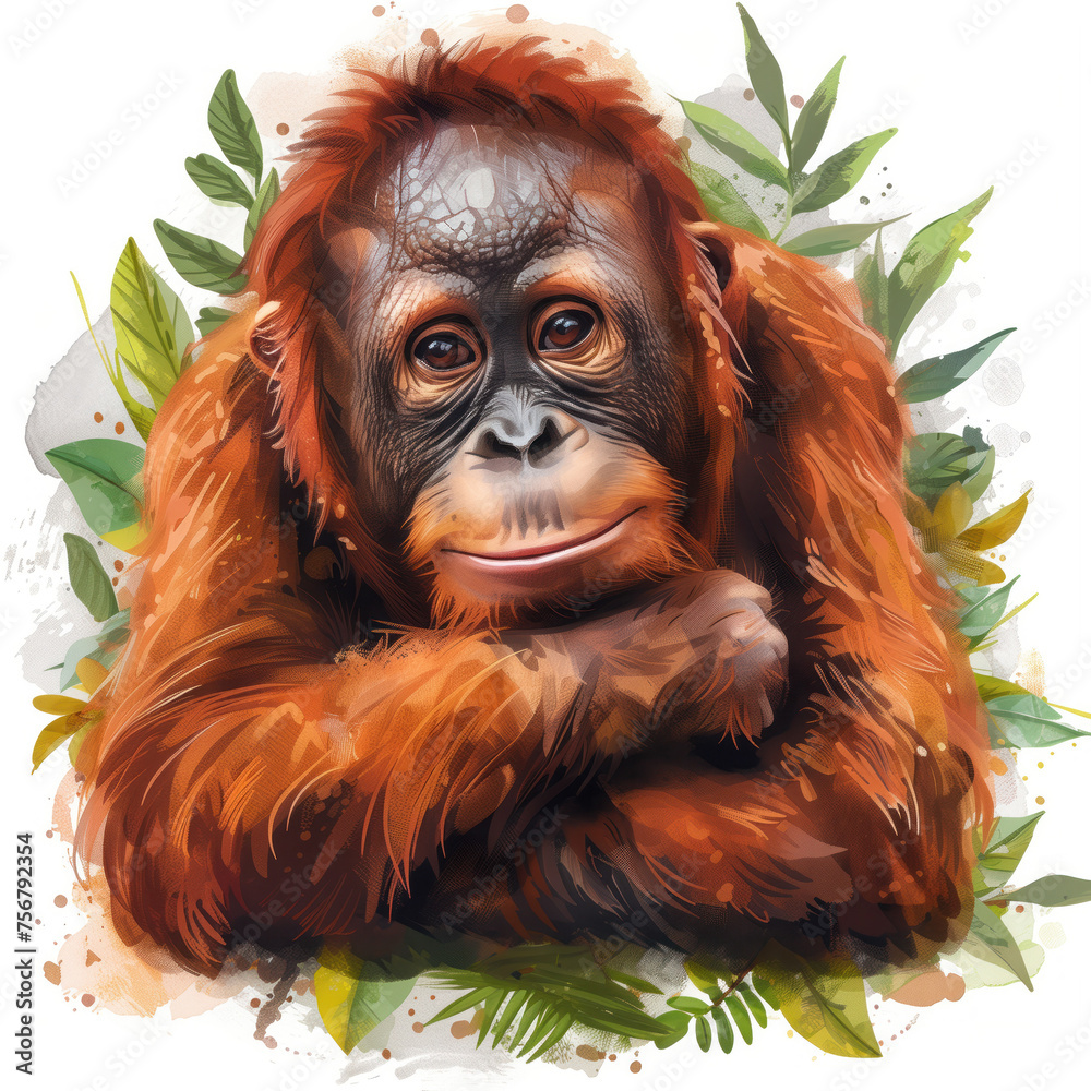 Obraz premium Cute Funny Cartoon Orangutan, Illustration for Children Book, Generative AI