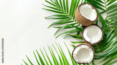 Coconut and green palm leaves arranged against a pristine white background, evoking a sense of tropical paradise and relaxation