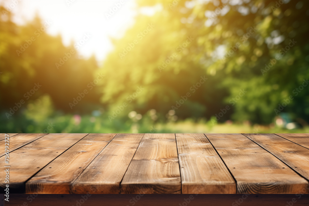 Empty wood table and defocused bokeh and blur background of garden trees with sunlight. product display template. Empty wood table and defocused bokeh and blur background of garden trees with sunlight. product display template.