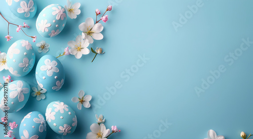 Um lindo fundo azul com flores e ovos  de Páscoa criando uma borda atraente com muito espaço para texto e saudações de Páscoa photo