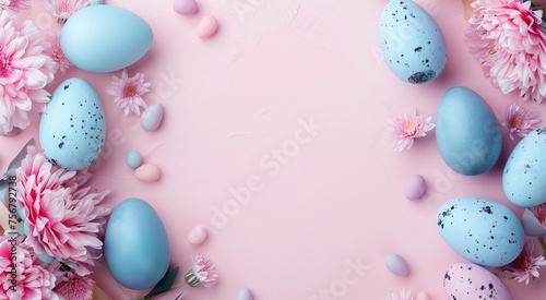 Um lindo fundo rosa com flores e ovos  de Páscoa criando uma borda atraente com muito espaço para texto e saudações de Páscoa photo