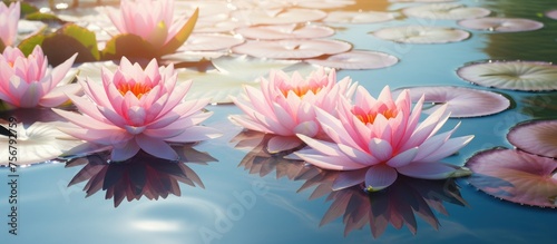 A cluster of pink lotus flowers gracefully adorning the surface of a tranquil pond  creating a serene and beautiful natural landscape