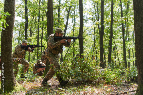 A specialized military antiterrorist unit conducts a covert operation in dense  hazardous woodland  demonstrating precision  discipline  and strategic readiness