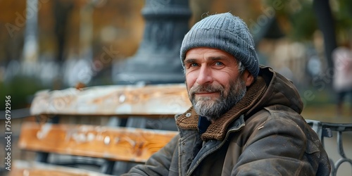 Homeless man rests on urban bench highlighting social issues Selective focus. Concept Conceptual Photography, Social Commentary, Street Life, Urban Settings, Selective Focus