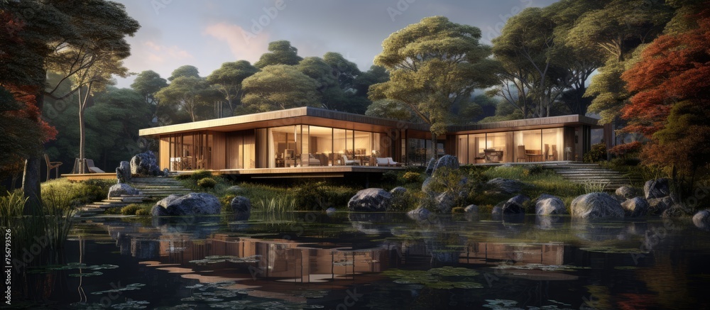 A house is nestled next to a tranquil body of water in the midst of a lush forest. The facade of the building blends seamlessly with the natural landscape of trees, plants, and clouds in the sky