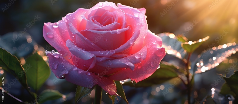 A closeup shot of a pink Hybrid tea rose with dew drops on its petals. This beautiful flower belongs to the Rose order and is commonly found in gardens as an annual terrestrial plant A closeup shot of a pink Hybrid tea rose with dew drops on its petals. This beautiful flower belongs to the Rose order and is commonly found in gardens as an annual terrestrial plant