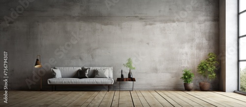 Gritty cement wall with wood plank flooring