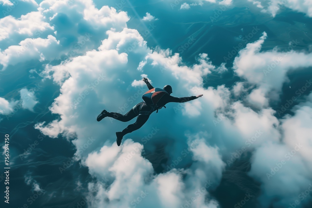 Skydiver in action, parachuter free falling between the clouds, extreme sport. - obrazy, fototapety, plakaty 