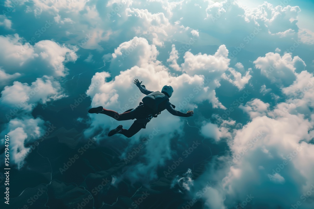 Naklejka premium Skydiver in action, parachuter free falling between the clouds, extreme sport.