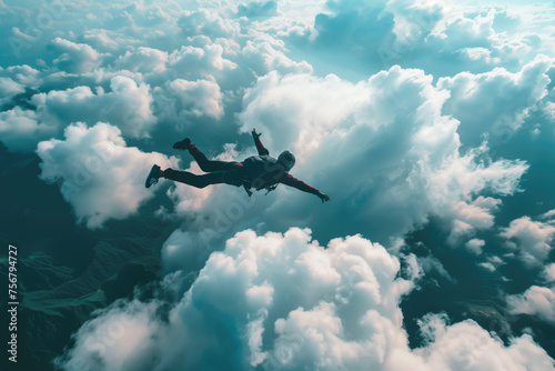 Skydiver in action, parachuter free falling between the clouds, extreme sport. photo