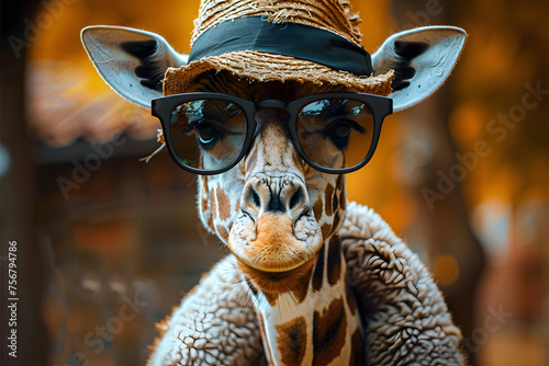 a close up portrait shot of a head of a giraffe wearing black sunglasses and a hat, comic style