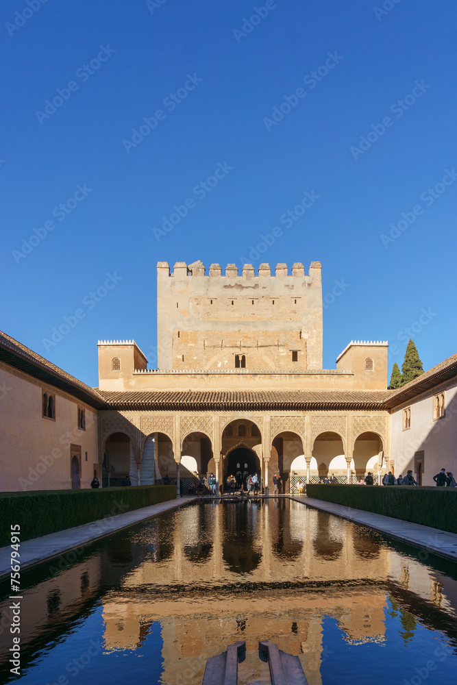 Fototapeta premium Courtyard of the Myrtles Patio de los Arrayanes in fortress Alhambra, Granada, Andalusia, Spain