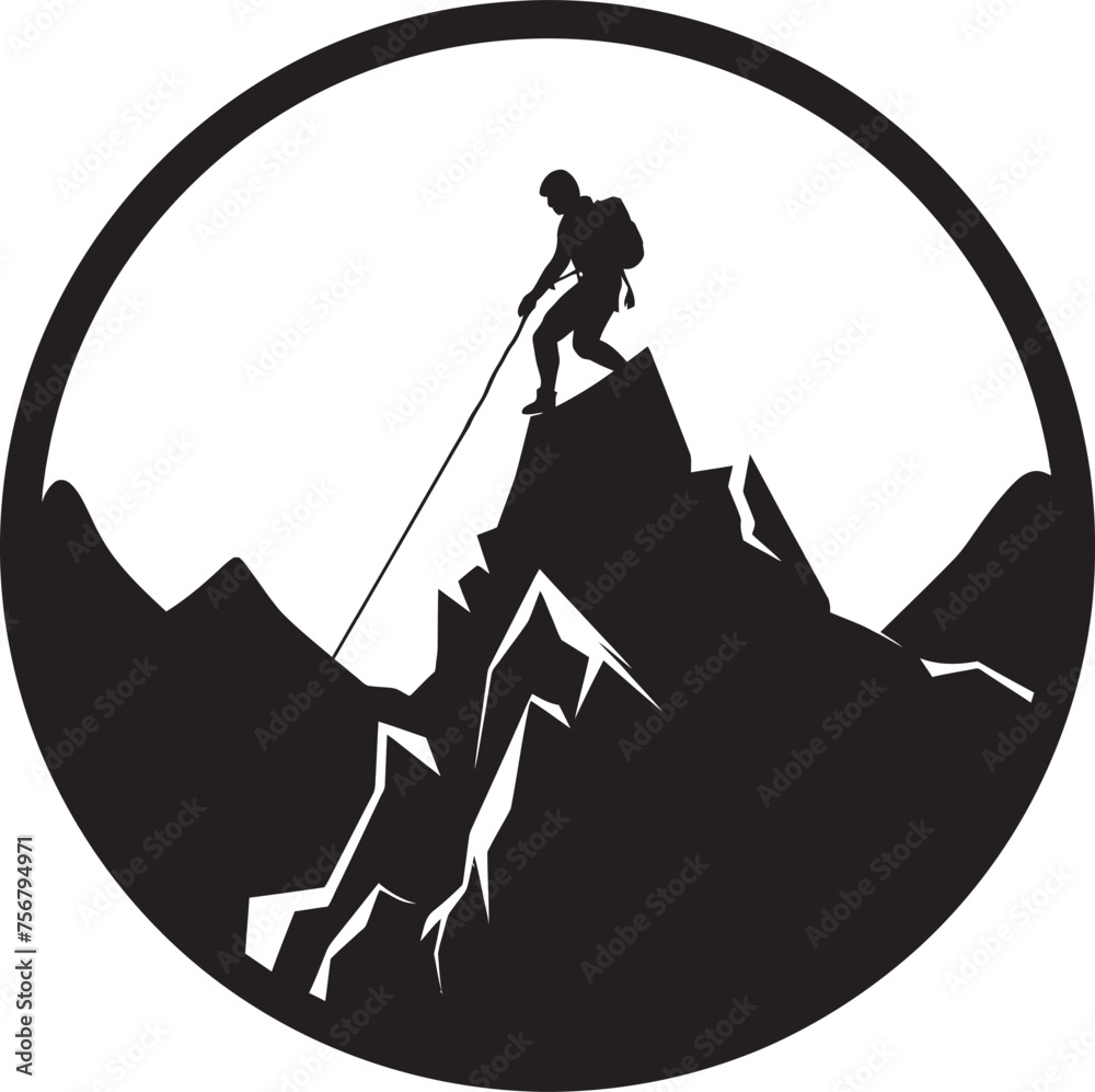Fototapeta premium Peak Performance: Mountain Climber Black Logo Design Summit Ascent: Man Climbing Mountain Vector Black Logo Icon