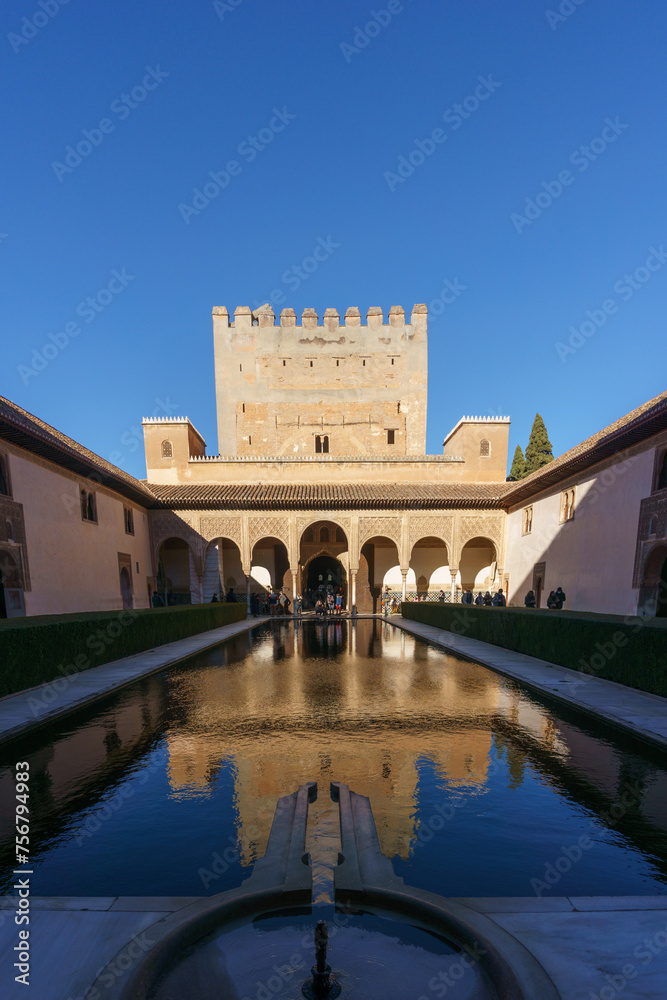 Fototapeta premium Courtyard of the Myrtles Patio de los Arrayanes in fortress Alhambra, Granada, Andalusia, Spain