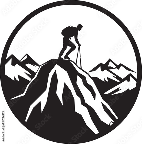 Scaling Success: Mountain Climber Black Logo Design Thrill Triumph: Man Climbing Mountain Vector Icon in Black