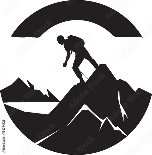 Scaling Success: Mountain Climber Black Logo Design Thrill of Triumph: Man Climbing a Mountain Vector Icon in Black