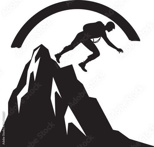 Thrill Triumph: Man Climbing Mountain Vector Icon in Black Summit Seeker: Mountain Climber Black Logo Icon