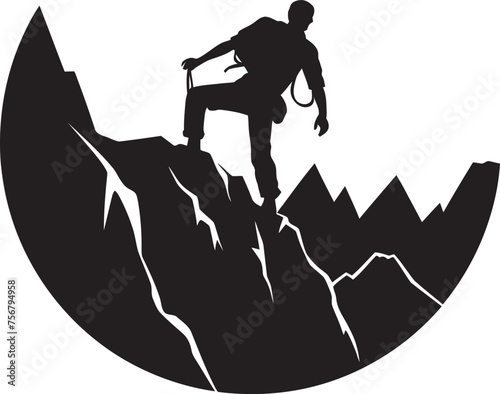 Scaling Success: Mountain Climber Black Logo Design Thrill Triumph: Man Climbing Mountain Vector Icon in Black