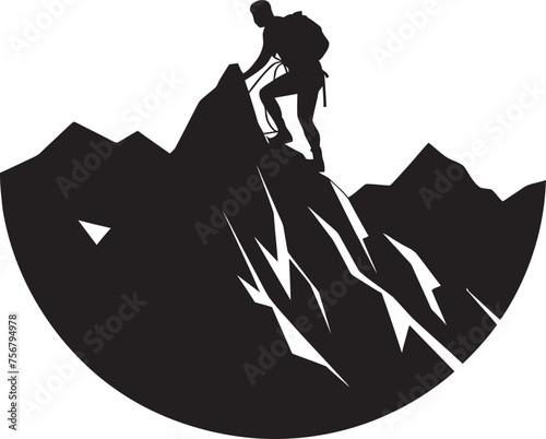 Thrill Triumph: Man Climbing Mountain Vector Icon in Black Summit Seeker: Mountain Climber Black Logo Icon
