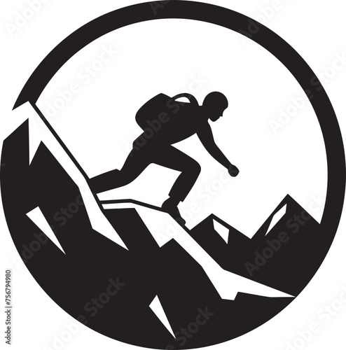 Scaling Success: Mountain Climber Black Logo Design Thrill Triumph: Man Climbing Mountain Vector Icon in Black