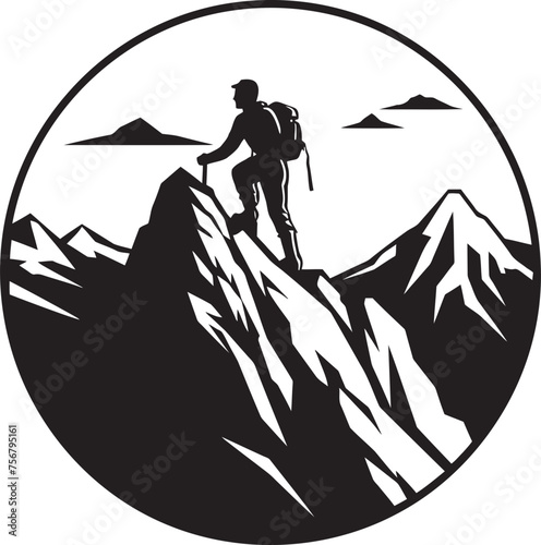 Scaling Success: Mountain Climber Black Logo Design Thrill of Triumph: Man Climbing a Mountain Vector Icon in Black