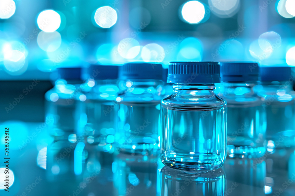 Pharmaceutical glass bottles in a laboratory with copy space Pharmaceutical glass bottles in a laboratory with copy space