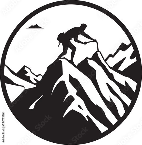 Scaling Success: Mountain Climber Black Logo Design Thrill of Triumph: Man Climbing a Mountain Vector Icon in Black