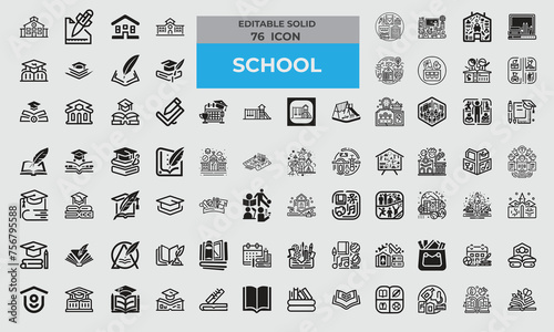 Set of 76 Solid Icons related School Education. Editable icon contains such icons as school, education, student activities, and online education. Vector Illustration.