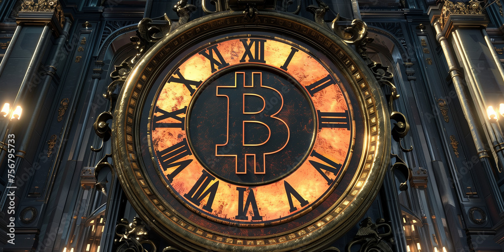 Timeless grandeur of Bitcoin symbol merged with a vintage clock in an ornate classical interior