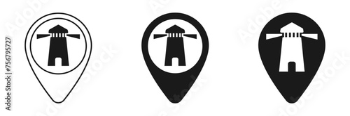 Set of lighthouse icons on the map. Illustration