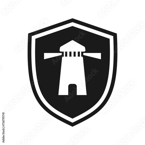 Shield icon with lighthouse. Illustration