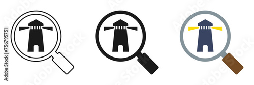 Lighthouse and magnifying glass icons set. Illustration