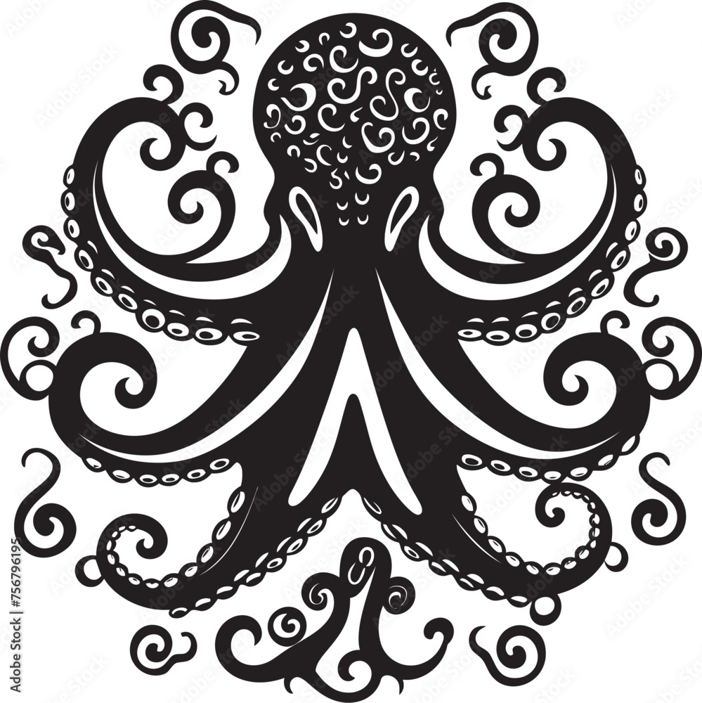 Ethereal Beauty: Octopus Mandal Art Vector Black Icon Tranquil Fusion: Octopus Mandal Black Logo Design