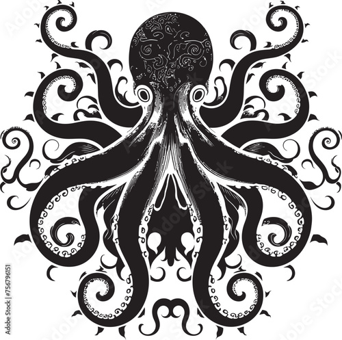Mystical Tentacles: Octopus Mandal Art Vector Black Logo Icon Intricate Design: Octopus Mandal Art in Black Vector
