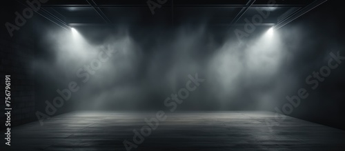 A dimly lit room filled with clouds of smoke, automotive lighting casting spotlights on the grey floor. The atmosphere is reminiscent of a monochrome photography scene