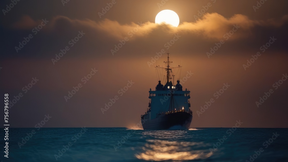 a ship at sunset moves across the sea. Traveling on a ship in mysterious silence a ship at sunset moves across the sea. Traveling on a ship in mysterious silence