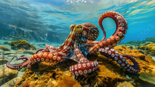 An octopus  emblematic of marine biodiversity  gracefully navigates the waters.